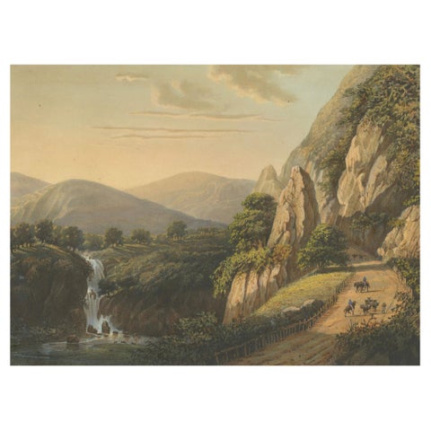 Mountain Road and Waterfall in the Tengger Range, Java Lithograph, circa 1872