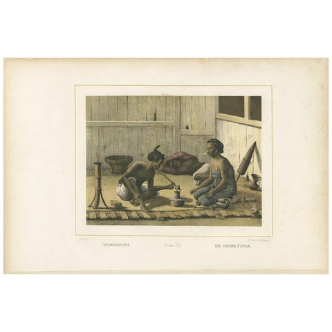 Antique Print of Javanese Locals Smoking Opium by Van Pers, circa 1850